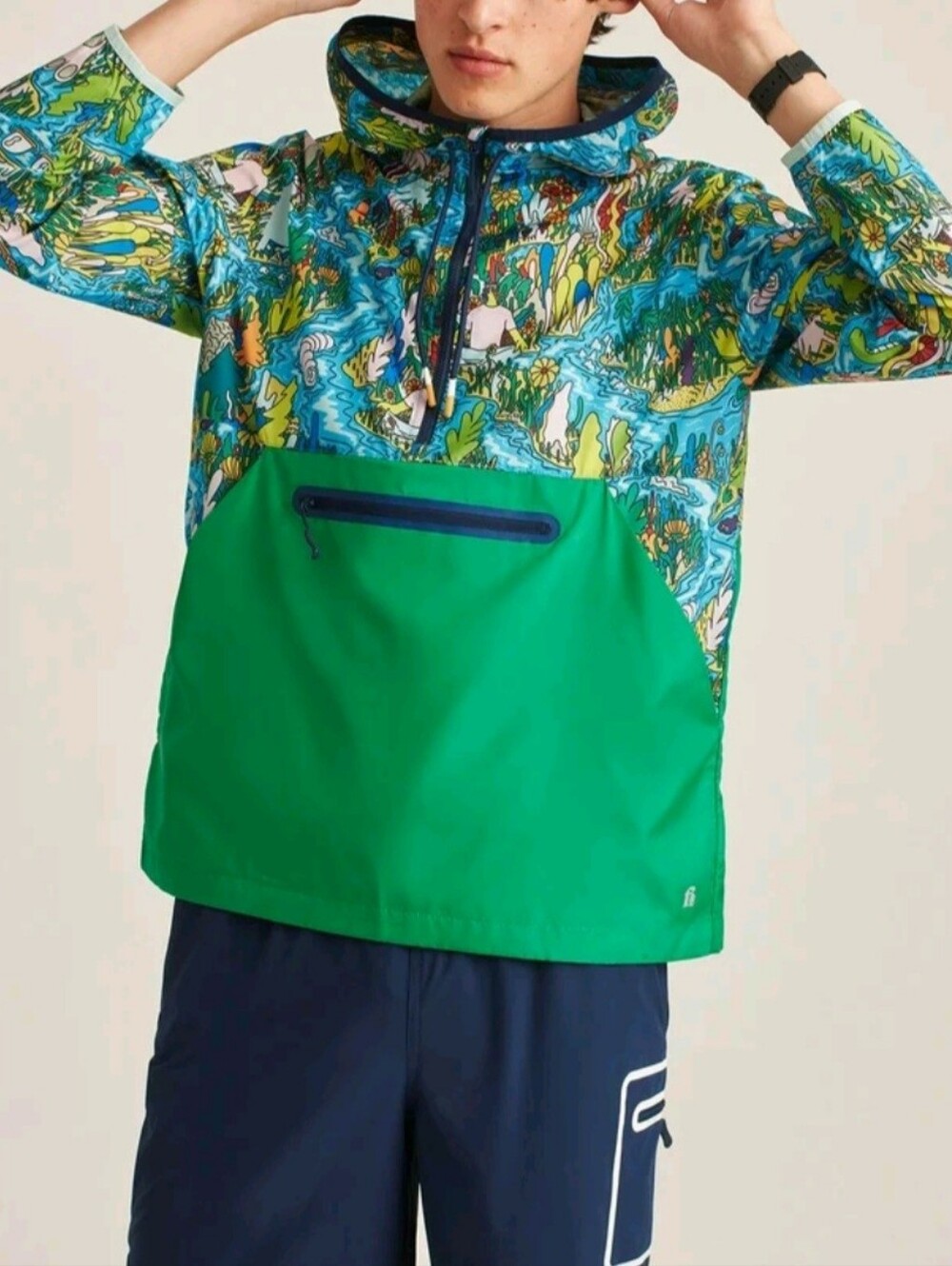 Bonobos Fielder Hooded Quarter Zip Anorak Men S Water Creatures Cartoon Graphic